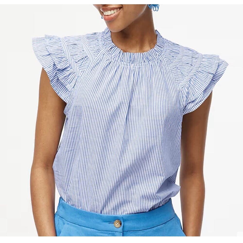 J. Crew striped flutter sleeve top blue and white top blouse women's size medium